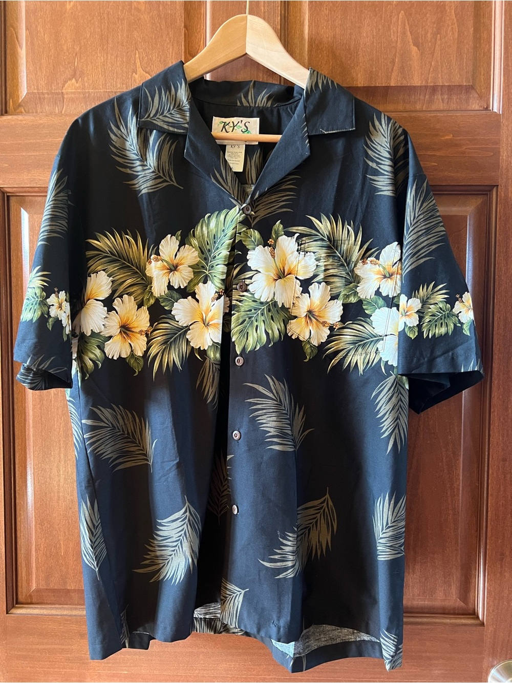 KY’s Aloha Shirt Men’s 100% Cotton Hibiscus Border Black Size L